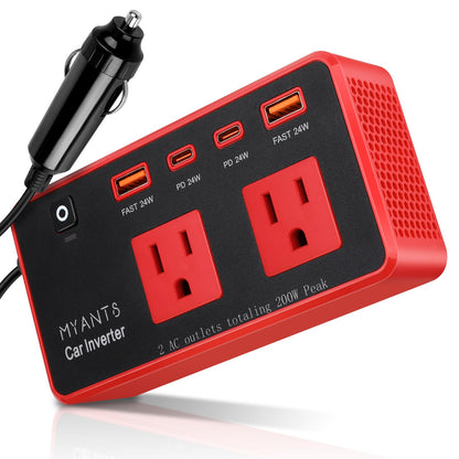200W Car Power Inverter, DC 12V to 110V AC Car Plug Adapter Outlet with 4 USB Fast Charging Port, Car Charger Cigarette Lighter Adapter for Laptop，Road Trip