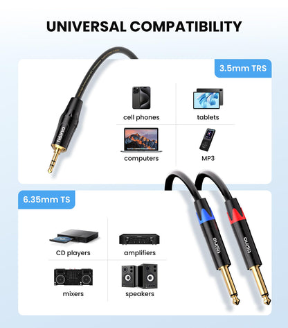 TISINO 1/8 to 1/4 Stereo Cable, 1/8 Inch TRS Stereo to Dual 1/4 inch TS Mono Y-Splitter Cable 3.5mm Aux Mini Jack to Jack Breakout Cord for Smartphone, CD Player, Speakers, Amplifiers - 10 feet