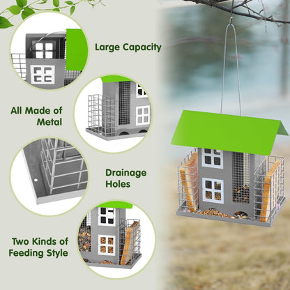 Bird Feeders for Outdoors Metal with 2 Suet Cage Cake Squirrel Proof Hanging Bird Feeder Large Capacity Wild Bird Feeder Easy Clean&Anti-Rust (Green)