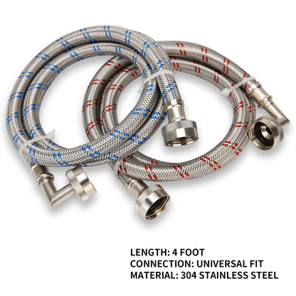Watflow Stainless Steel Washing Machine Hoses with 90 Degree Elbow, Burst Proof Hot and Cold Water Connection Inlet Supply Lines for Washer, 4Ft