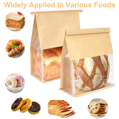 Bakery Bags with Window 50 Pcs, 11x8.66x4.33 Inches Kraft Brown Window Paper Bags with Tin Tie Tab Lock for Bread, Coffee Bean, Cookies, Snack