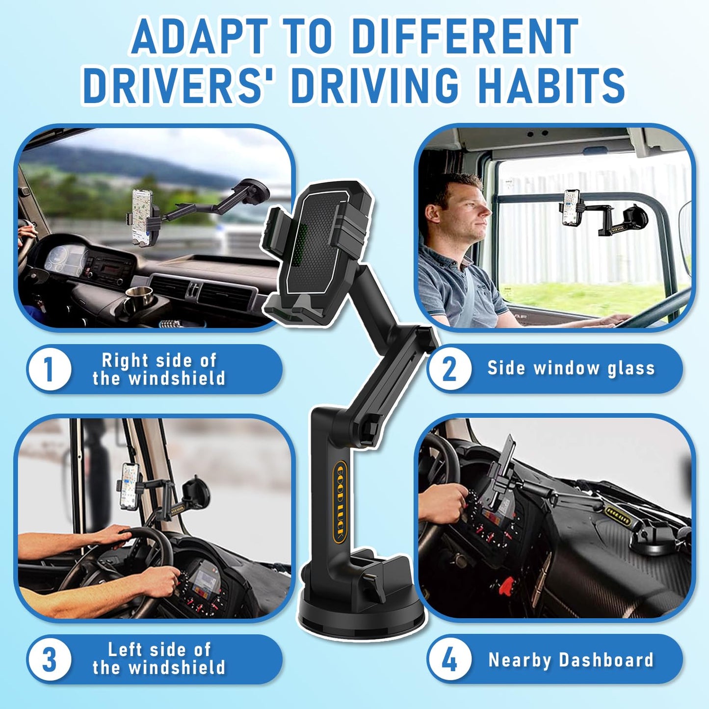 WUITIN Truck Phone Holder Mount,Car Phone Holder,Dashboard Windshield Phone Holder 16.9 inch Long Arm,Super Suction Cup Compatible with Pickup Truck,Commercial Truck and All Phone