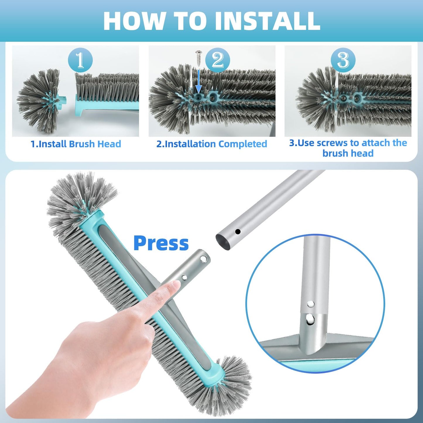 WXFANA Pool Brush Head for Walls, Tiles Floors - 17.5" Heavy Duty Round Scrub Brush with 7 Rows Premium Nylon Bristles & Reinforced Aluminum Back, EZ Clips Design (Blue Grey)