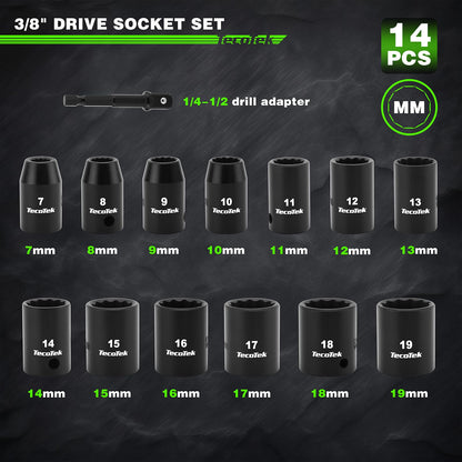 TecoTek 14 Pieces 3/8-Inch Drive Impact Socket Set, 12-Point, Metric, Shallow, CR-V, 7mm to 19mm, Drill Socket Adapter 3/8"