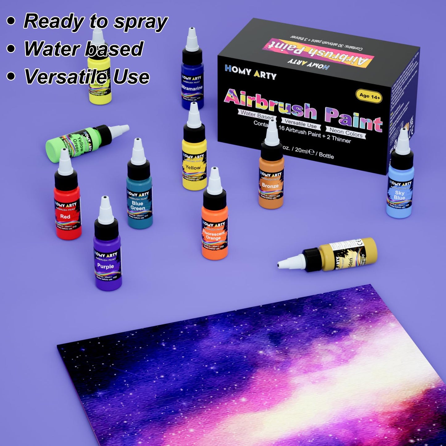 Airbrush Paint - 16 Colors with 2 Thinner, Ready to Spray Airbrush Paint Set, Water-Based Acrylic Air brush Paints for Metal, Plastic Models, Canvas, Wood, 20ml/Bottle