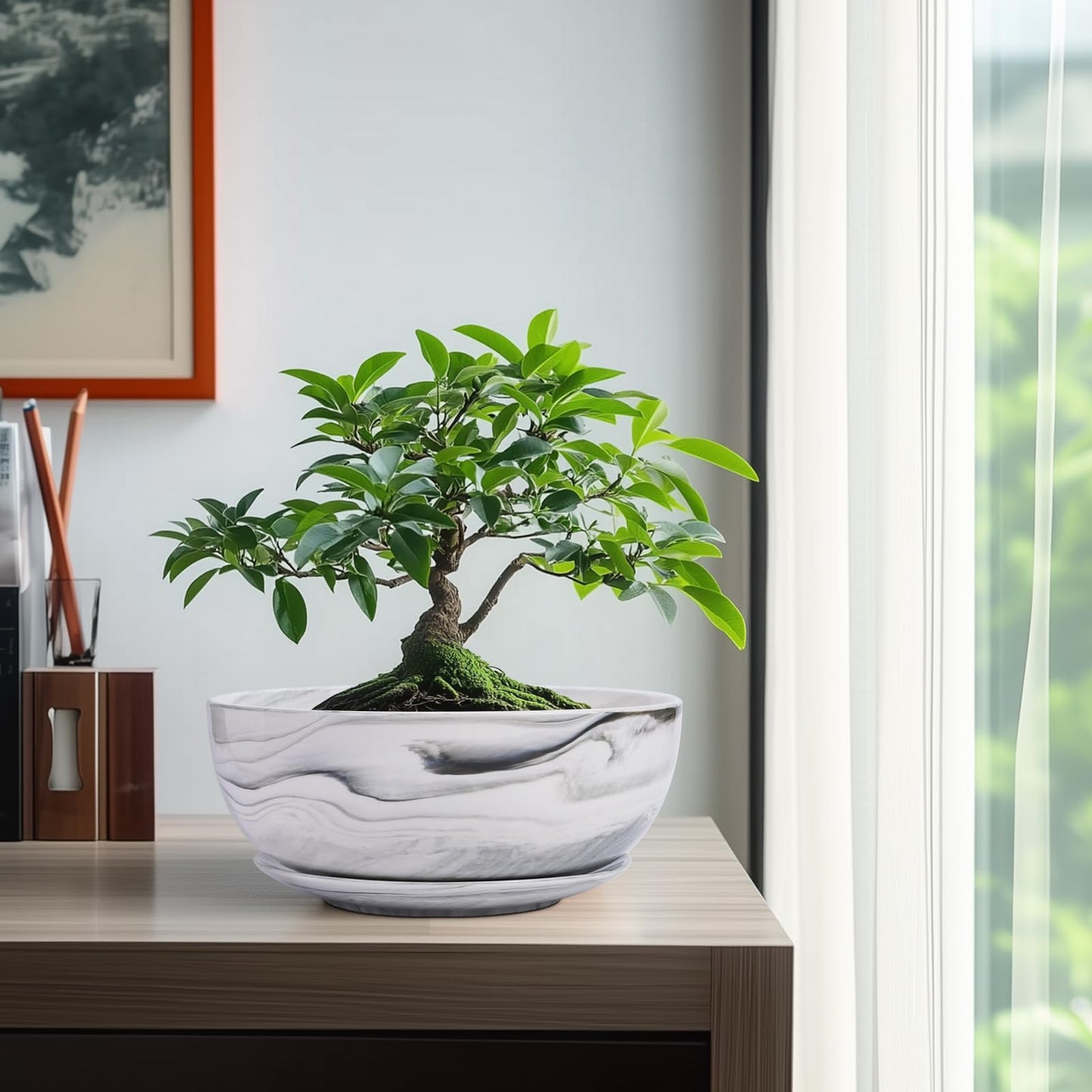 8in Marble Large Round Succulent Planter Pot Modern Flower Pot Indoor and Outdoor Planter with Marble Tray