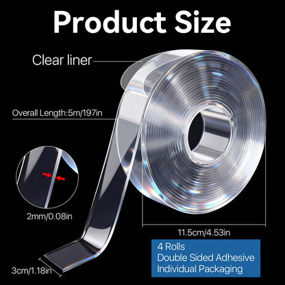 Boocalny 4 Rolls Double Sided Tape Heavy Duty, 1.2"×16.4Ft (2mm) Strong Adhesive Nano Tape Removable Gel Tape, Water-Resistant Clear Two Sided Mounting Tapes for Wall Carpet Picture Poster Hanging