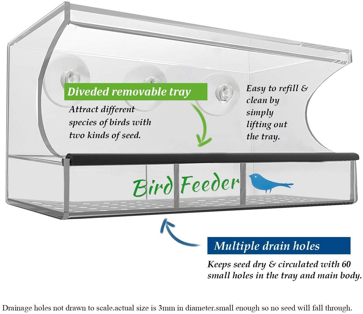 Bird Feeder, Window Bird House Crystal Clear Acrylic with Removable Tray, Drain Holes and 3 Heavy Duty Suction Cups, Weatherproof Design, Squirrel Resistant, Drains Rain Water