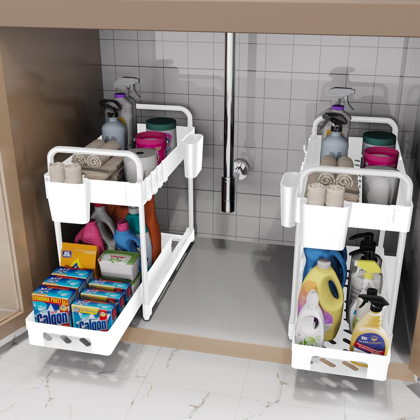 2 Pack Under Sink Organizer for Efficiently Utilizing Space, 2 Tier Bathroom Cabinet Organizers and Storage, Multi-purpose Kitchen Organizer and Storage with Hooks and Cups(White)