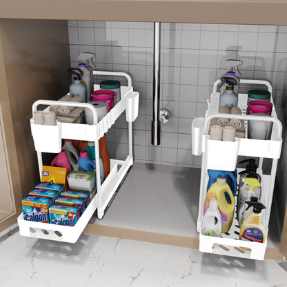 2 Pack Under Sink Organizer for Efficiently Utilizing Space, 2 Tier Bathroom Cabinet Organizers and Storage, Multi-purpose Kitchen Organizer and Storage with Hooks and Cups(White)