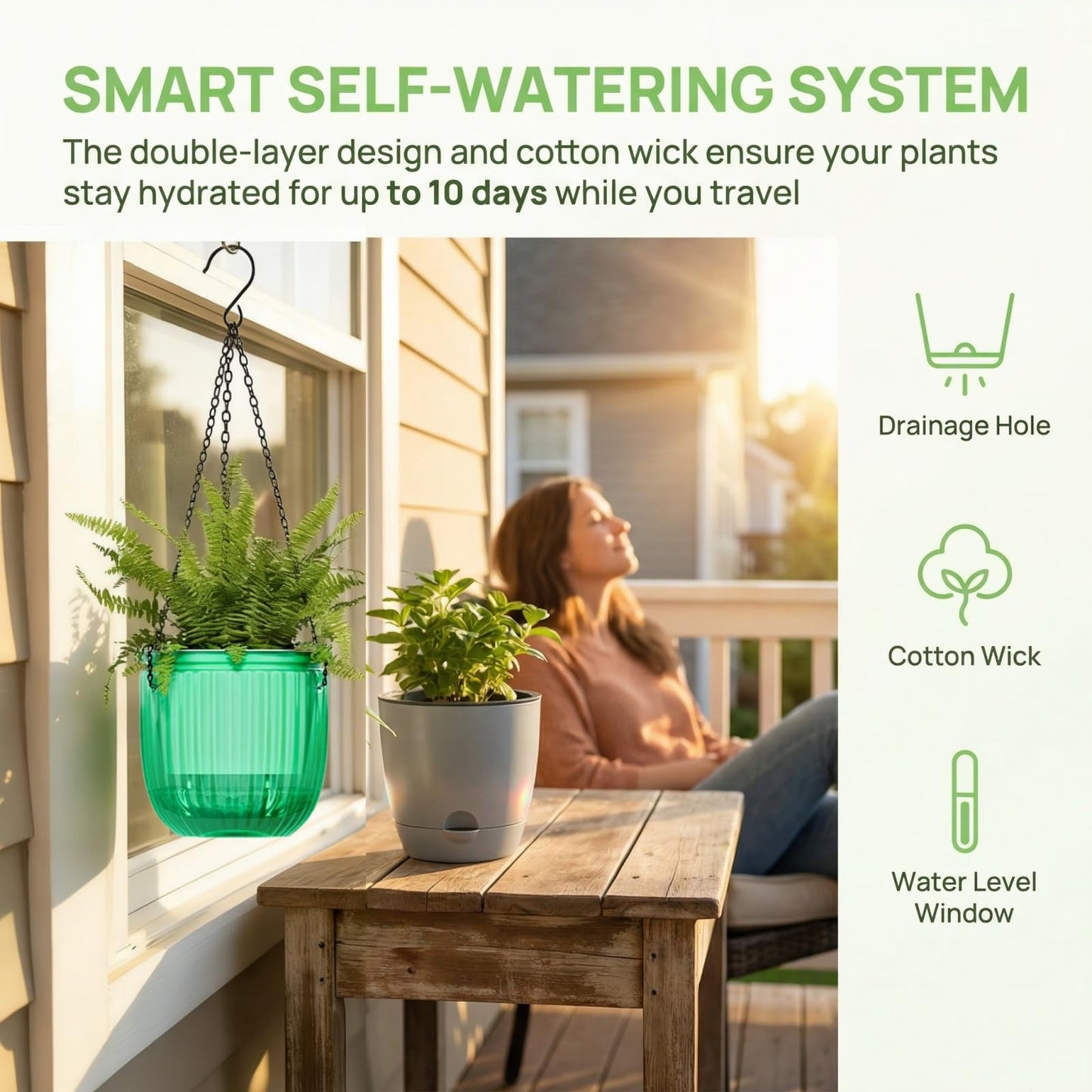 Pumtus 3 Pack Self Watering Hanging Planters, 6.5 Inch Hanging Flower Pot with Drainage Hole, Plastic Hanging Basket with 3 Hooks Chains, Plant Hanger for Indoor Outdoor Plants, Herbs (3 Colors)