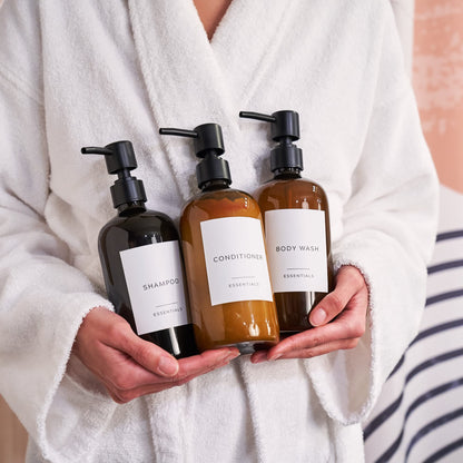 Stylish Shampoo and Conditioner Dispenser Set of 3 - Modern 21oz Shower Soap PET Bottles with Pump and Labels - Easy to Refill Body Wash Dispensers for an Instant Bathroom Decor Upgrade