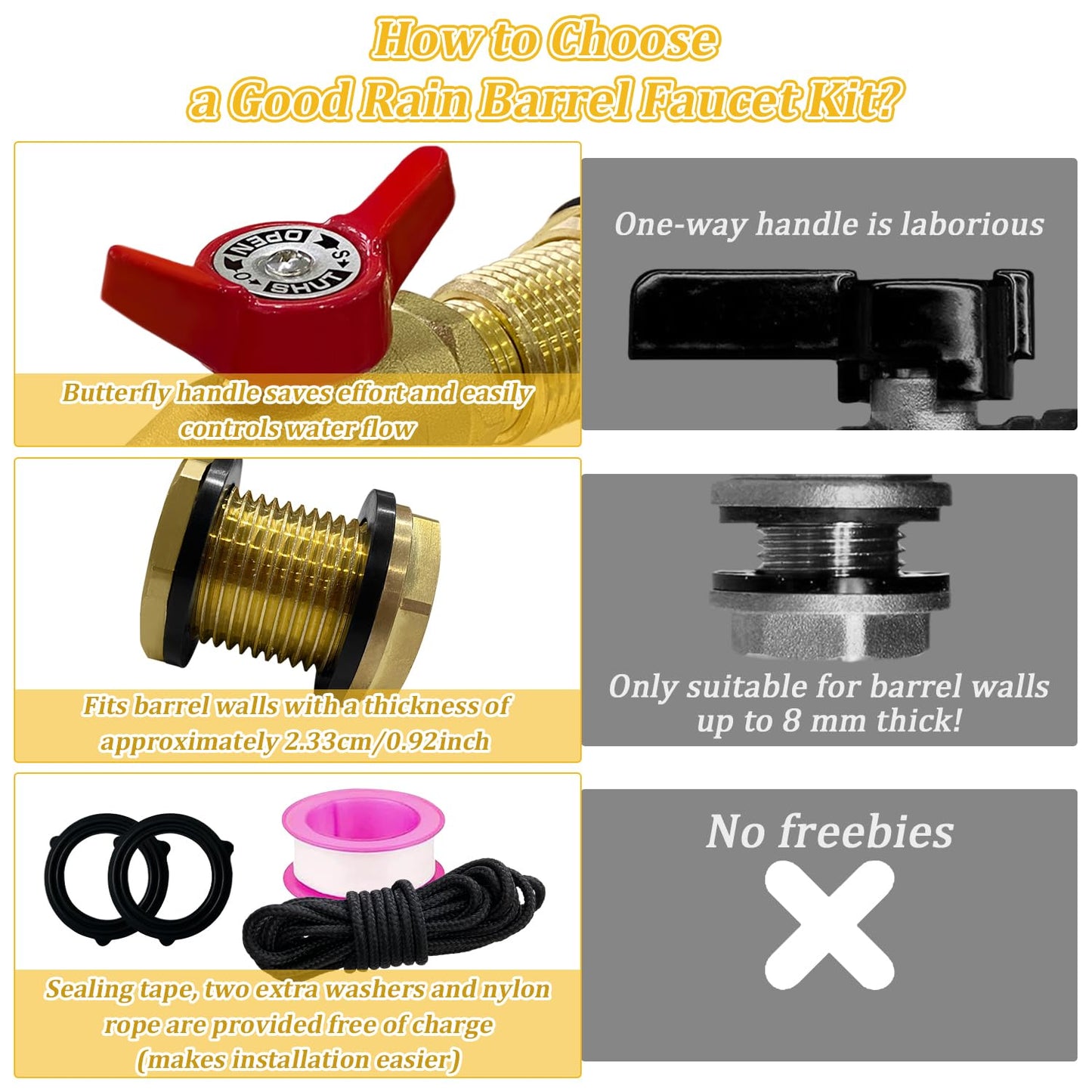 Brass Water Container Rain Barrel Faucets Lead-Free Spigot Kit 3/4" GHT Brass Rain Barrel Quarter Turn Ball Valve Spigot with Bulkhead Fitting Suitable for Garden Hose Thread Connection