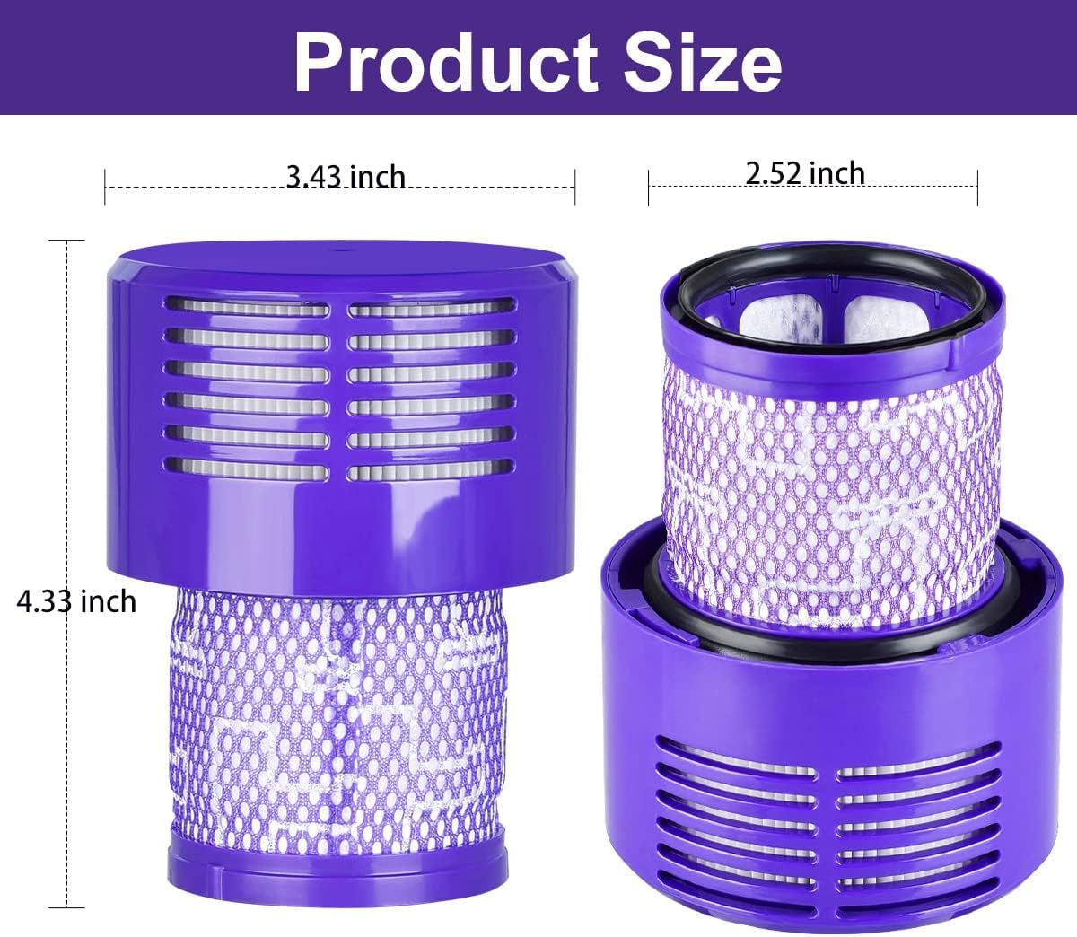4 Pack Dyson V10 Filter Replacement for Cyclone Series, Animal, Absolute, Total Clean, SV12 Vacuum Cleaner - Replace Part #969082-01, Reusable and Washable