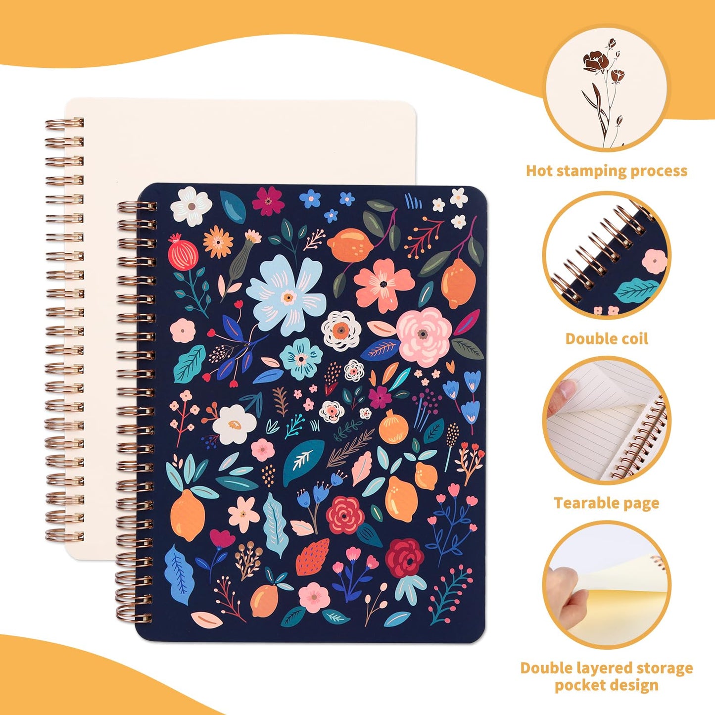 Aesthetic Spiral Notebook Set of 2 For Women - Artistic flower 6.5" x 8.4" College Ruled Notebook With Large Pockets And Lined Pages -Boost Productivity at Work or School
