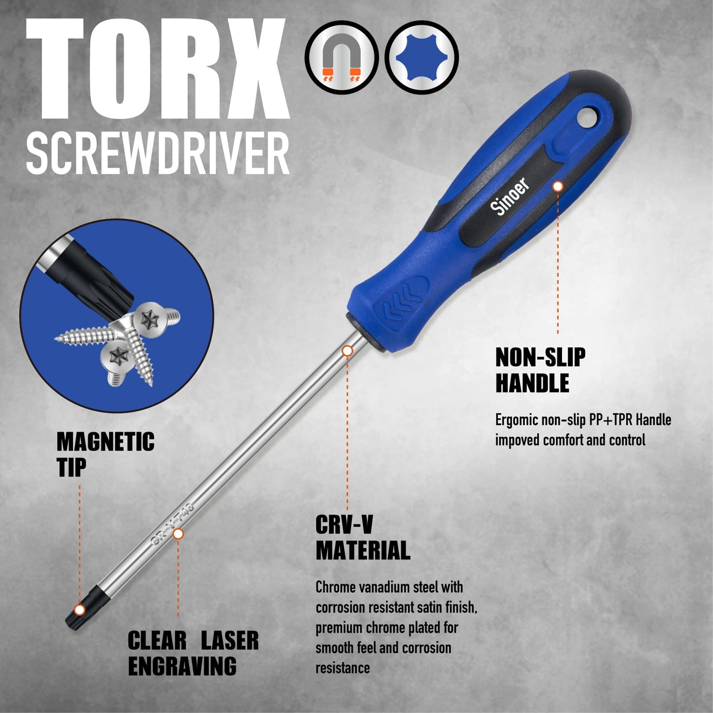 Sinoer 14-Piece Magnetic Torx Screwdrivers Set，Chromium Vanadium Steel，T4 - T40Magnetic Torx Driver Star Screwdrivers Set ，Professional Grade Repair Tools