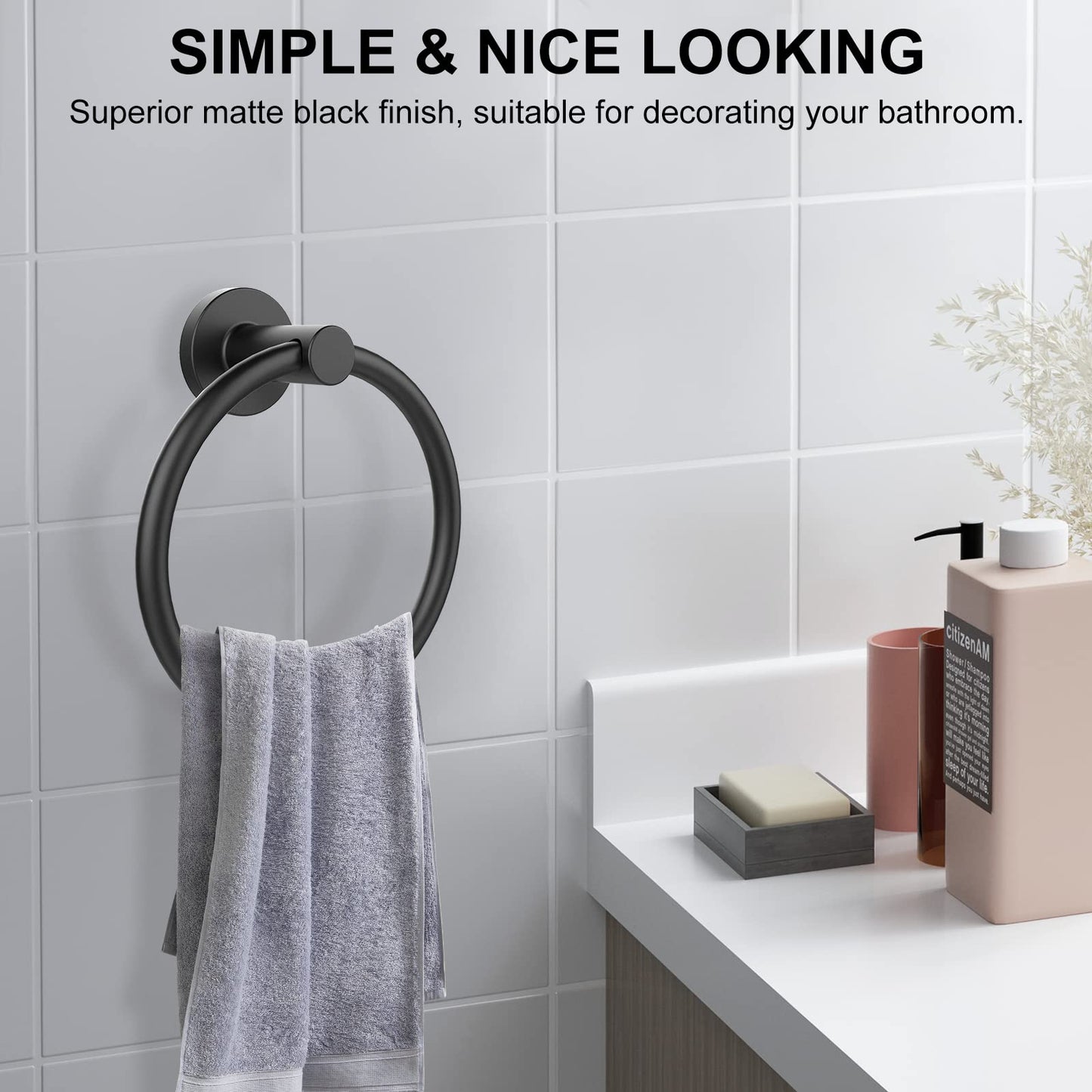 SetSail Towel Holder for Bathroom Wall Matte Black Ring Stainless Steel Heavy Duty Hand Towel Hanger for Kitchen, 2 Pack