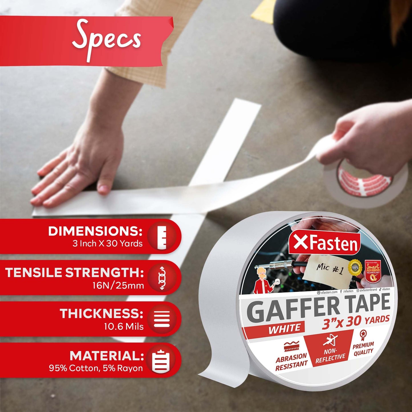 XFasten White Gaffers Tape 3 Inch X 30 Yards, Multipurpose, No Residue Gaffing Tape, White Gaff Tape Non-Reflective Matte Finish for Filming, Indoor, Outdoor Locations, Pro Gaff White Tape for Walls