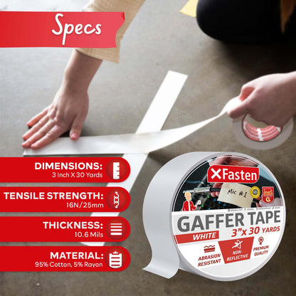 XFasten White Gaffers Tape 3 Inch X 30 Yards, Multipurpose, No Residue Gaffing Tape, White Gaff Tape Non-Reflective Matte Finish for Filming, Indoor, Outdoor Locations, Pro Gaff White Tape for Walls