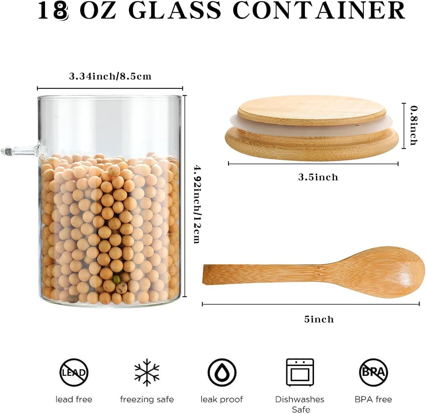 POLCANUR Glass Overnight Oats Jar, 4 Pack Containers with Bamboo Lids and Spoons, 18 OZ Glass with Clear Food Storage Jar for Sugar, Spices,Coffee Bean,Flour,Cookie,Candy,Nuts,Bath Salt Reusable Jars