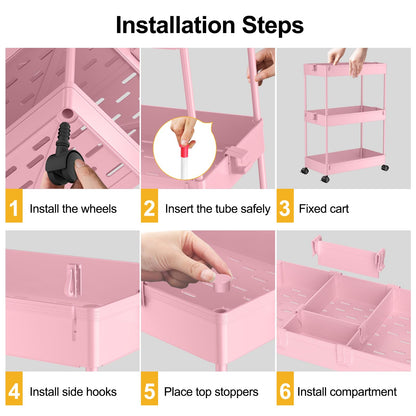 SPACELEAD Slim Storage Cart,3 Tier Bathroom Rolling Organizer Slide Out Mobile Shelving Unit Trolley for Office Kitchen Laundry Room Narrow Places, Pink