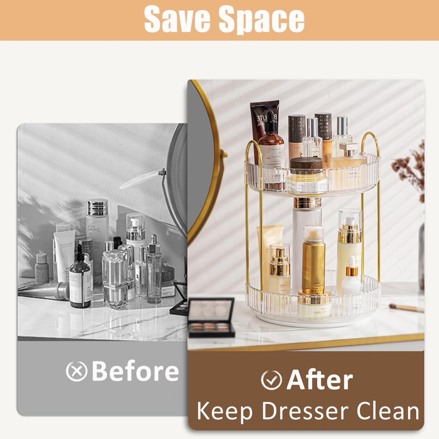 Rotating Makeup Organizer, 2 Tier Large Capacity Perfume Organizer, Cosmetic Organizer for Vanity Bathroom Bedroom, White