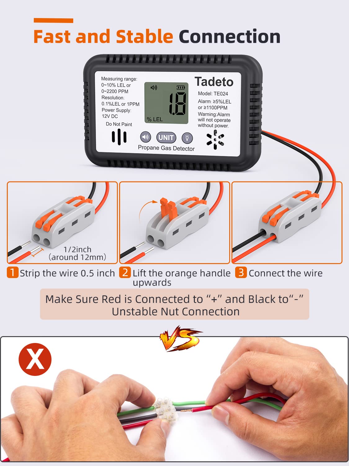 RV Propane Gas Detector,Natural Gas Detector,12V DC LCD Backlit Display,85dB Alarm & Red Screen Flashing Alarm for Trailer,Camper Van,Motorhome (Surface & Recessed Mounting)