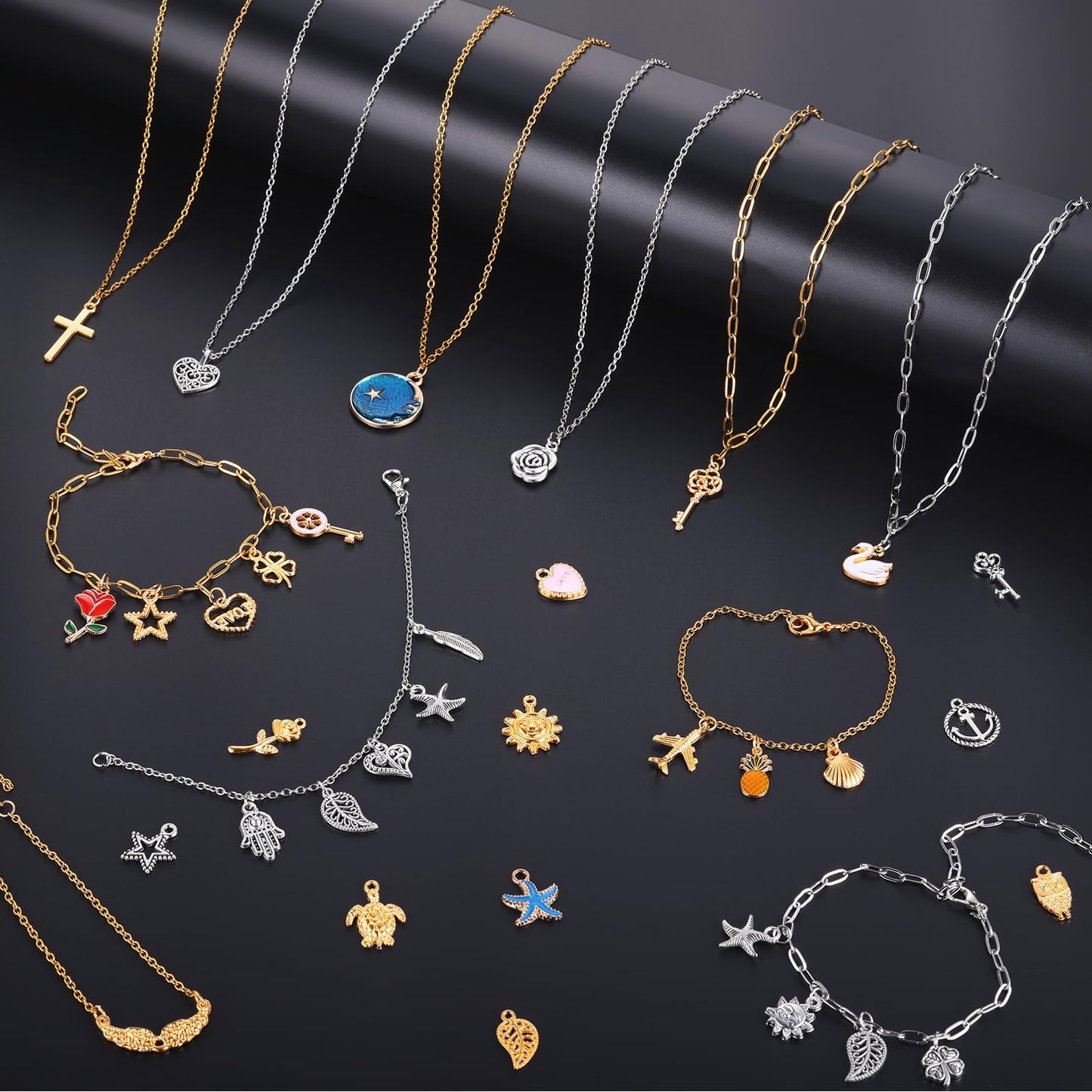 Zefy 18K Gold Silver Chain for Jewelry Making, 19.7ft 6 Rolls Stainless Steel Chains Bulk with 348 Pcs Charms, Jump Rings Lobster Clasps Set for DIY Bracelet Necklace Crafts