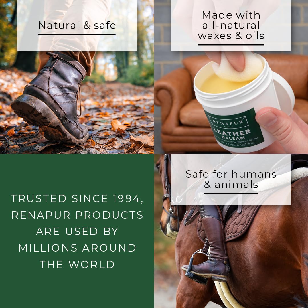 Renapur Leather Balsam, Natural Conditioner, Protector and Restorer — for Leather Furniture, footwear, Purses & Bags, Car interiors & Bikes, Saddlery & Tack. (6.7 fl oz + Applicator Sponge)