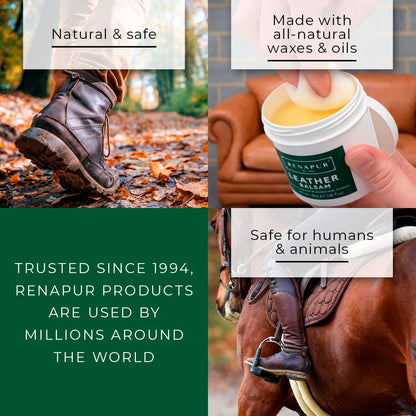 Renapur Leather Balsam, Natural Conditioner, Protector and Restorer — for Leather Furniture, footwear, Purses & Bags, Car interiors & Bikes, Saddlery & Tack. (6.7 fl oz + Applicator Sponge)