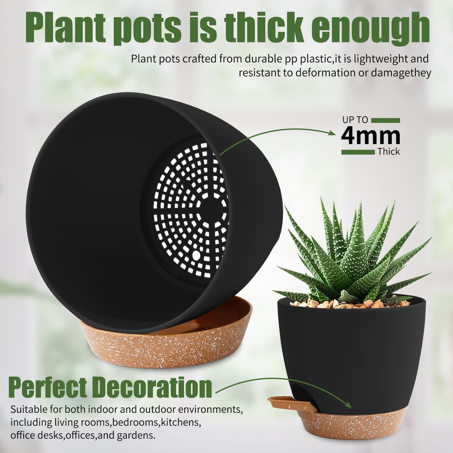 5 Pack Plant Pots Indoor 7/6.5/6/5.5/5 Inch Flower Pots Self Watering Planters for Indoor Plants with Drainage Hole Plastic Plant Pot for African Violet Cactus Flowers Succulents(Black)