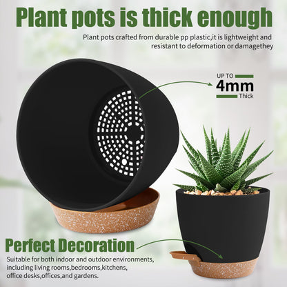 5 Pack Plant Pots Indoor 7/6.5/6/5.5/5 Inch Flower Pots Self Watering Planters for Indoor Plants with Drainage Hole Plastic Plant Pot for African Violet Cactus Flowers Succulents(Black)
