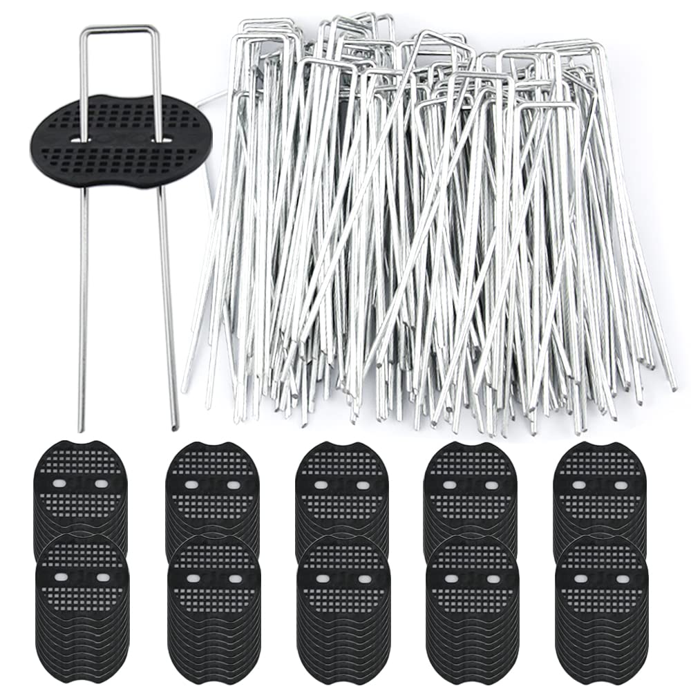 100PCS Galvanized Steel Garden Stakes with 100PCS Gasket, Heavy Duty Landscape Pegs of Anti Rust U Shaped for Securing Artificial Grass Weed Ground Cover, Fabric Matting