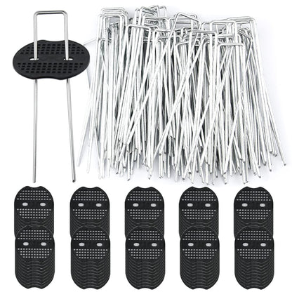 100PCS Galvanized Steel Garden Stakes with 100PCS Gasket, Heavy Duty Landscape Pegs of Anti Rust U Shaped for Securing Artificial Grass Weed Ground Cover, Fabric Matting