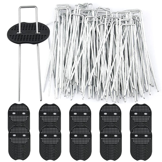 100PCS Galvanized Steel Garden Stakes with 100PCS Gasket, Heavy Duty Landscape Pegs of Anti Rust U Shaped for Securing Artificial Grass Weed Ground Cover, Fabric Matting