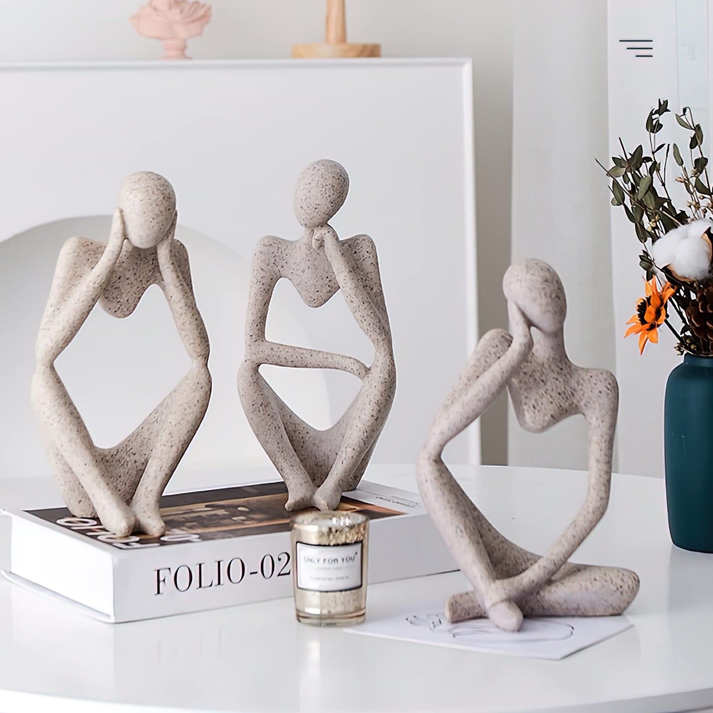 Winshall Home Decor Accents, Resin Thinker Statue Decor 3 PCS, Abstract Bookshelf Decor, Decorative Sculpture for Office,Book Shelf, Figurines Home Decor Accents (Sandstone)