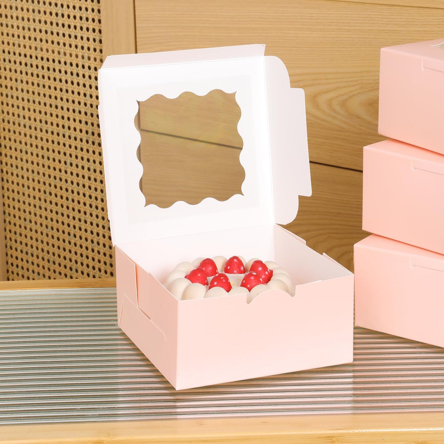 PFAMKEER 36 pcs 6x6x3 Inches Small Cake Box with Window, Bakery Pastry Cookie Boxes, Mini Pie for Pastry,Dessert,Strawberries,Chocolates, Cupcakes with paper stickers (Pink)