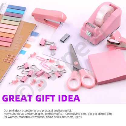 Swpeet 9Pcs Pink Office Supplies Kit, Desk Accessories Including Stapler, Tape Dispenser, Staple Remover, Tabs, Scissors, Staples, Tape, Clips and Sticky Note Ideal for Office and School