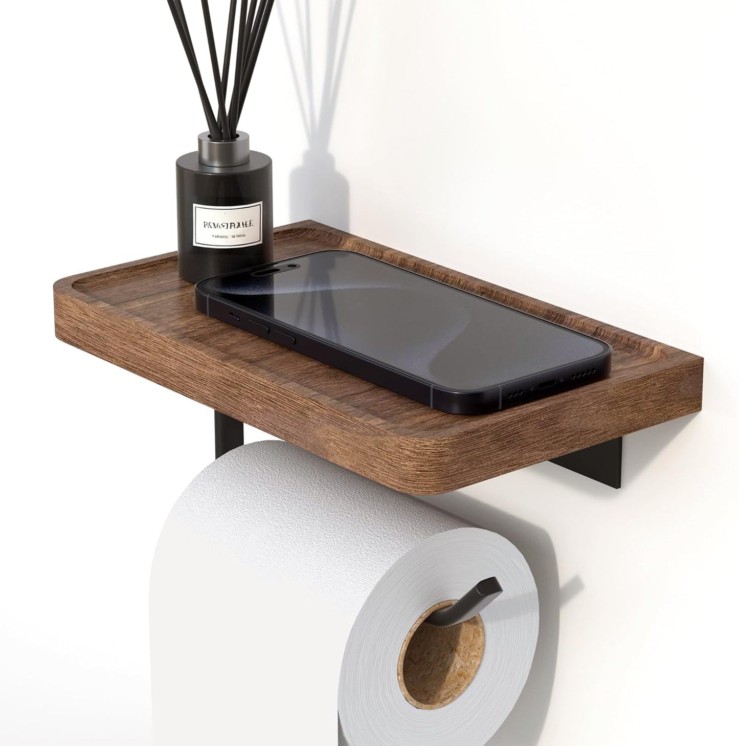 AISHEDYER Toilet Paper Holder with Shelf - Wall Mount & Self-Adhesive Bathroom Tissue Roll Holder, Black Stainless Steel with Walnut Shelf for Phone - Home Apartment Hotel Restroom Decor Essentials