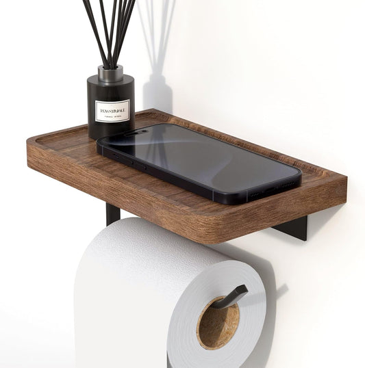 AISHEDYER Toilet Paper Holder with Shelf - Wall Mount & Self-Adhesive Bathroom Tissue Roll Holder, Black Stainless Steel with Walnut Shelf for Phone - Home Apartment Hotel Restroom Decor Essentials