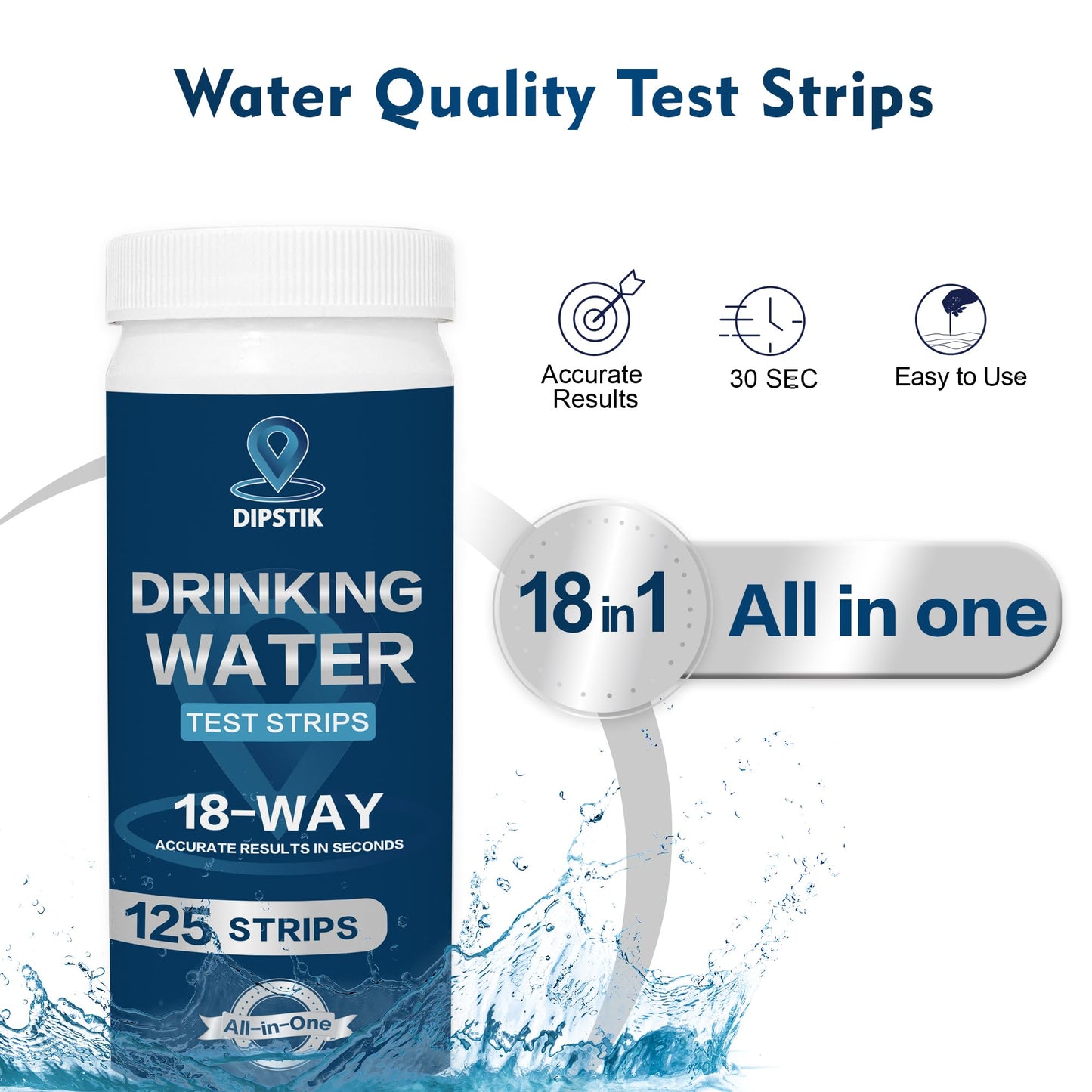 18 in 1 Home Drinking Water Test Kit-125 Water Quality Test Strips for Well Tap Test Kit,Water Testing Strips for Drinking Water Testing,Hardness,Alkaline,Chlorine, Lead,Iron, Copper,Fluoride