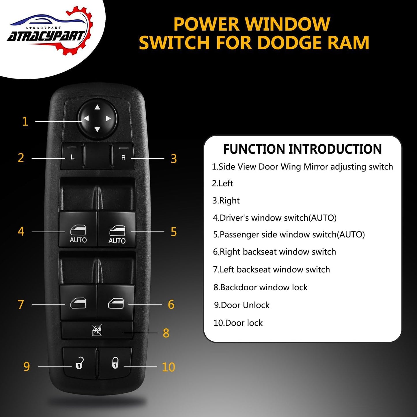 ATRACYPART Power Window Master Switch | for 2009 2010 2011 2012 Dodge Ram 1500 2500 3500 with Quad and Crew Cab | Replaces OE# 4602863AD,4602863AC,4602863AB