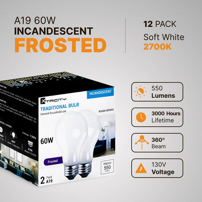 A19 Frosted Incandescent Rough Service Light Bulb, 60 Watt, Long Life - 3,000 Hours, 2700K Soft White, E26 Medium Base, 550 Lumens, 130V (12 Pack)