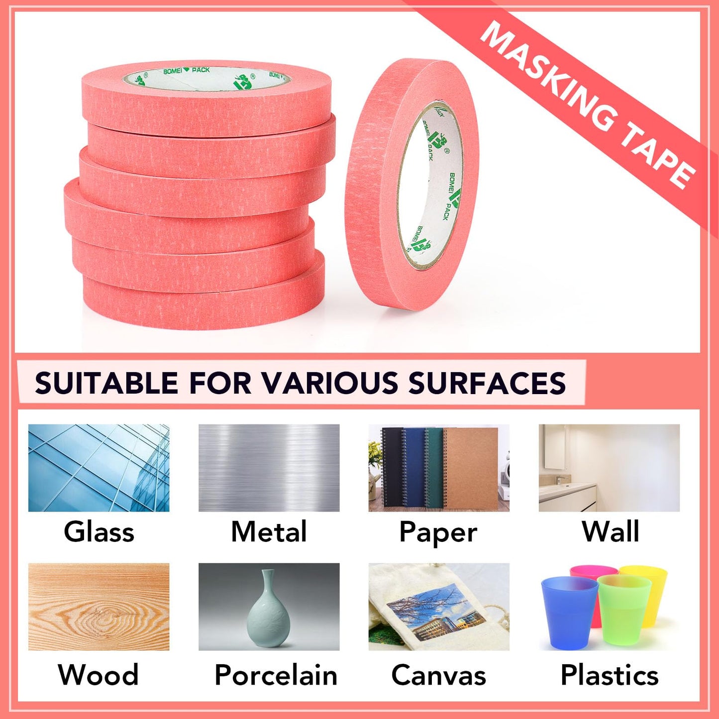 BOMEI PACK 10Rolls Pink Painters Tape, General Purpose Pink Masking Tape 0.75inch x 55yds, for Painting,Labeling,DIY Crafting,Decoration and School Projects, Total 550yds