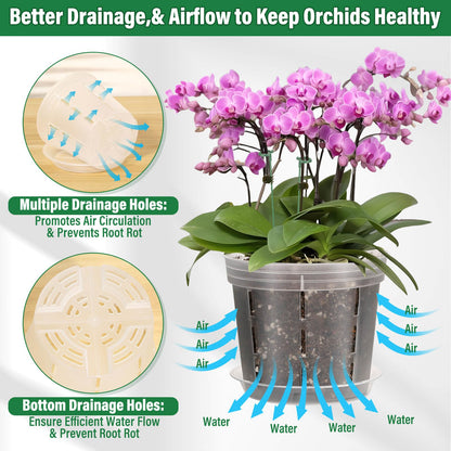 Tetutor 12 Pack Plastic Orchid Pots with Holes, 4, 5, 6 Inch Clear Orchid Pots for Repotting with Saucers Drainage and Plant Stakes, Large Small Breathable Orchids Planter Plant Pot