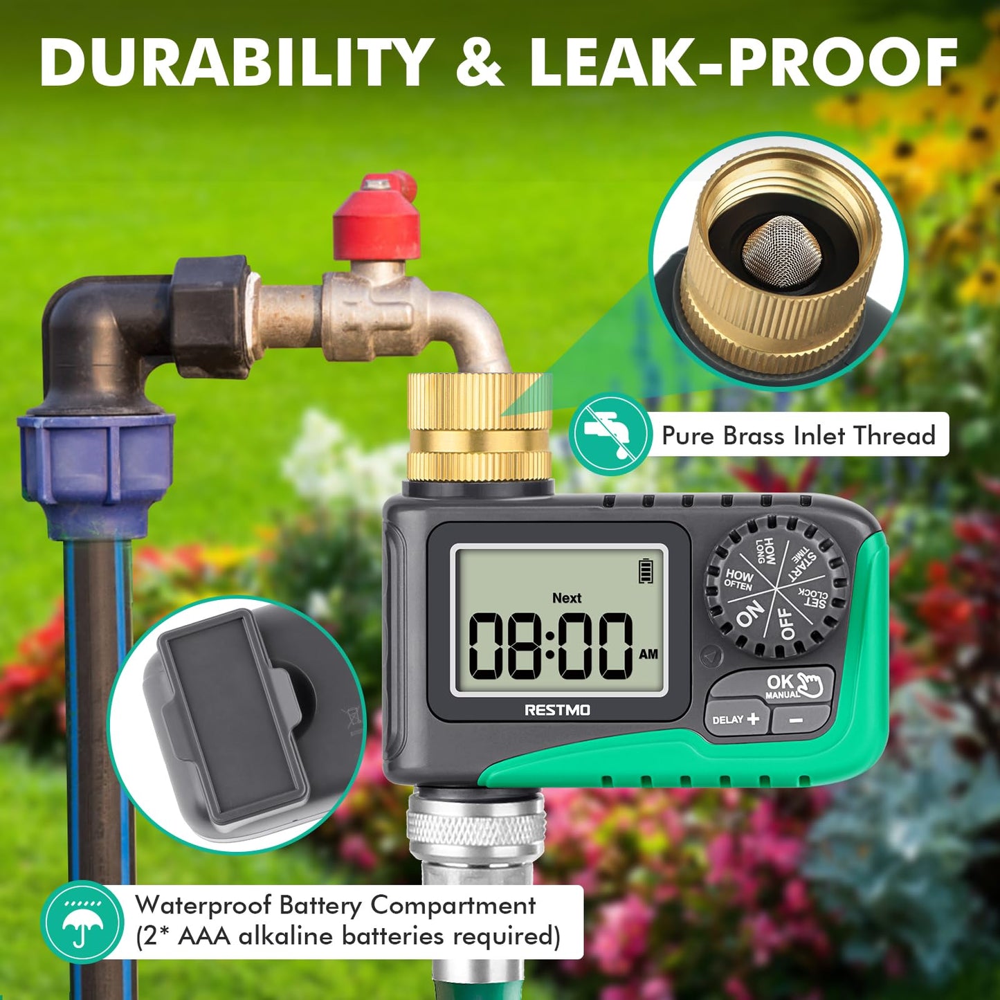 RESTMO Water Timer with Brass Inlet, Programmable Sprinkler Timer for Garden Hose, Automatic Digital Control | Manual ON/Off | Rain Delay, for Outdoor Faucet, Drip Irrigation and Lawn Watering System