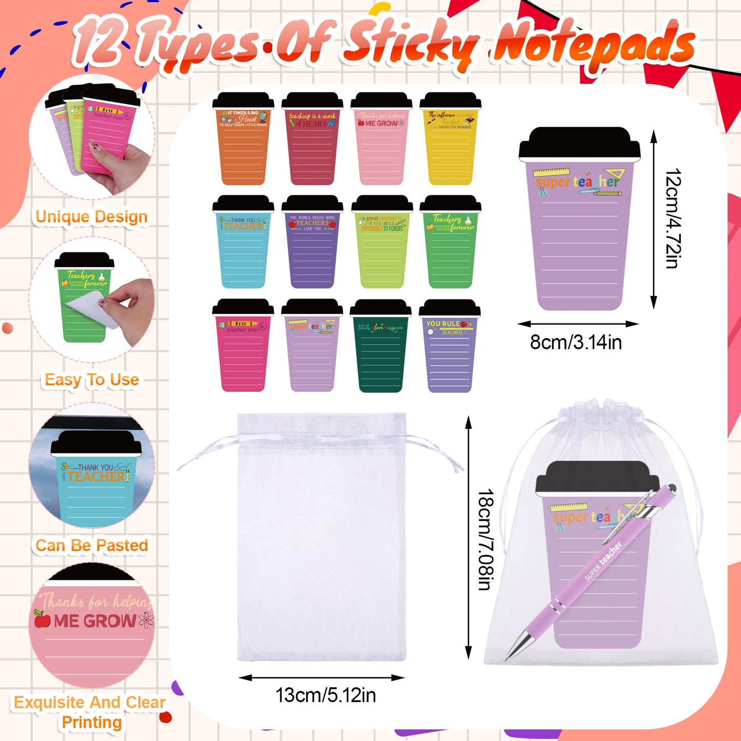 Youdaju 36 Pcs Thank You Coffee Cup Notepads Teacher Inspirational Sticky Notes Motivational Sticky Notes Writing Memo Pad with Pen Organza Bag for Teacher Team Staff Employee Appreciation Gift