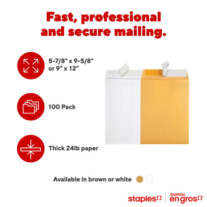 Staples Kraft Catalogue Envelopes with QuickStrip Closure - 5-7/8" x 9-5/8" - Brown - 100 Pack