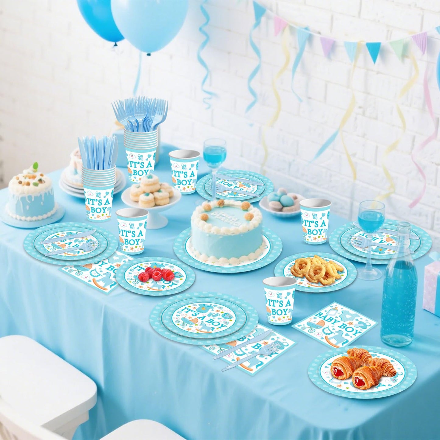 Poqirzan 144PCS Gender Reveal Party Supplies Baby Shower Plates and Napkins Tableware Sets for Boy Baby Shower Party Decorations Including Paper Cartoon Plates Napkins Cups Forks Serve 24
