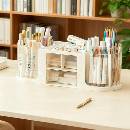 Desk Organizer with 360° Degree Rotating Pen Pencil Holder,Office Desk Organizers and Storage for Office School Home 10 Slots 3 Drawer Organizers 1 Top Storage Tray (White)